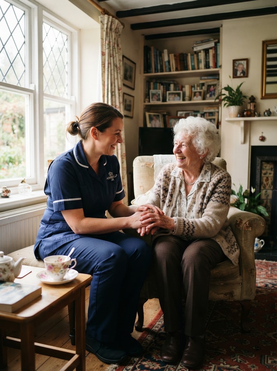A professional carer sharing a warm moment of companionship with an older woman at home