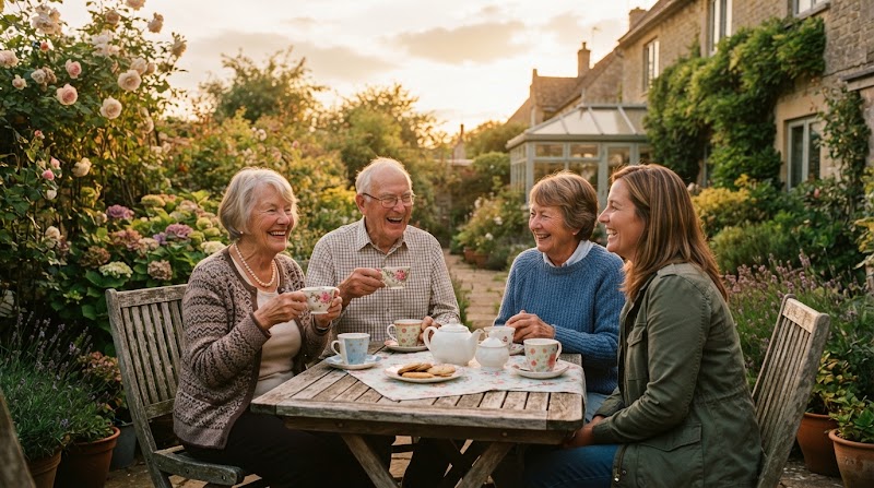 Companionship: friends sitting outside at sunset