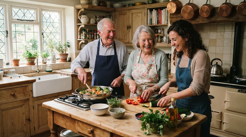 Household support: a couple cooking together in the kitchen