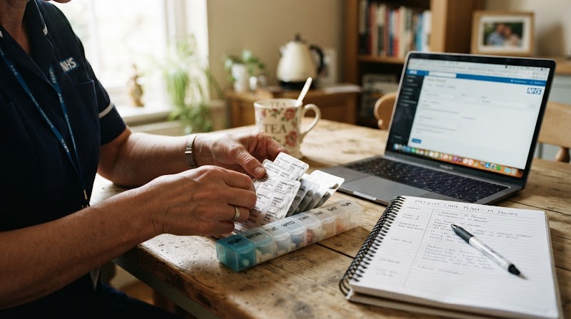 Medication and health: hands holding medication beside a laptop