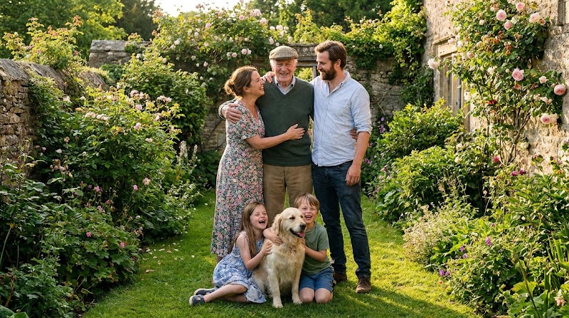 Personal care: a family with their dog in the garden
